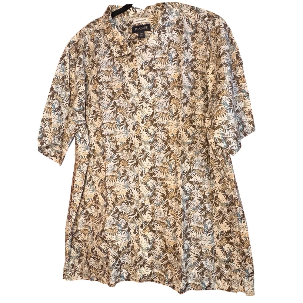Jos A Bank Mens XXL Short Sleeve Button Down Shirt Tropical Leaf Tan Brown Blue